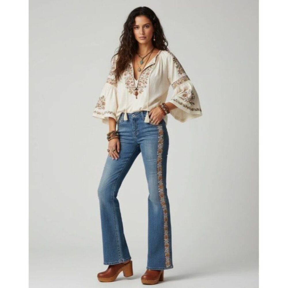 NWT Issue Pants Blue Denim Embroidered Beads Leg Straight Zip Fly Jeans Size 28